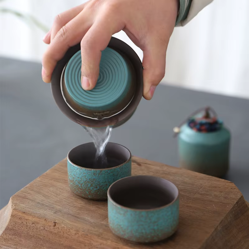 Changement de four vintage printemps vert poterie rugueuse un pot 4 tasses caddie à thé simple petit