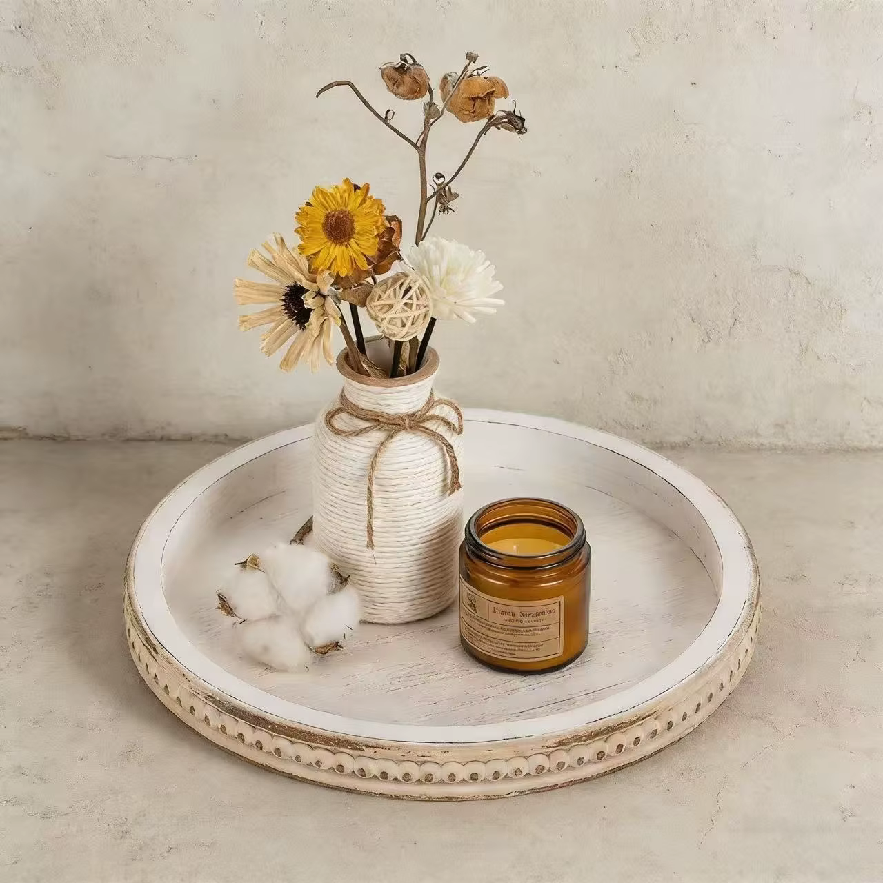 Plateau décoratif rond Hanobe : Plateau de table basse blanc de 30 cm, plateau à perles circulaire, 
