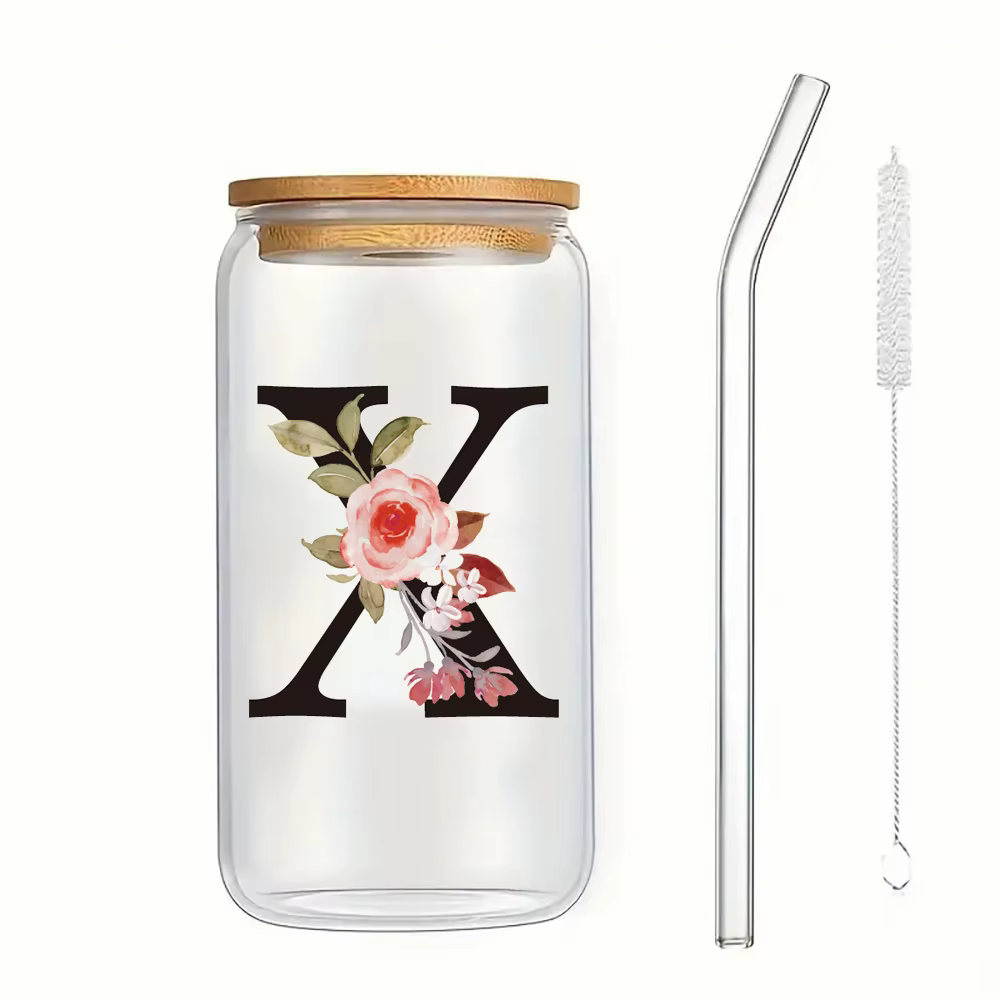 500ml Lettre Fleur A-Z Café standardisation Bureau Maison 16OZ Verre Tasse Avec Bambou Veds et Paill
