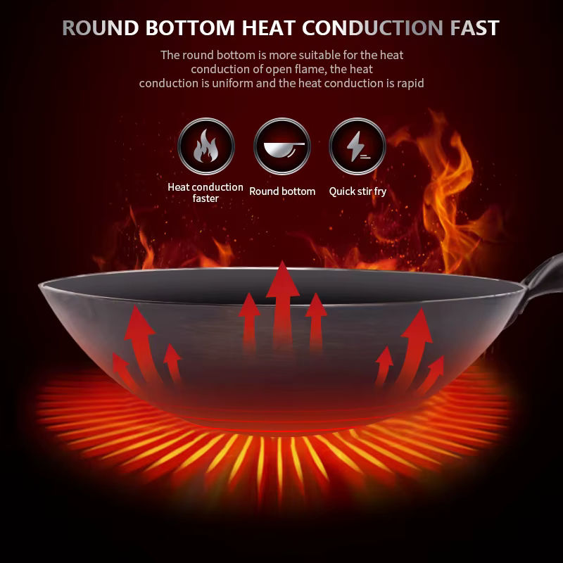 Wok traditionnel en fer, Woks sans revêtement forgé à la main pour poêle de cuisine manche en bois W