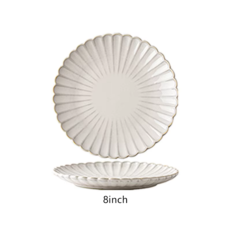 Assiette en céramique à bord de coquille rayé en relief de 8 pouces/10,5 pouces, assiette à salade,