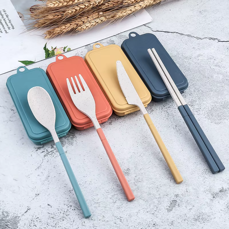 4 pièces ensemble de vaisselle Portable paille de blé vaisselle couverts détachables vaisselle de vo