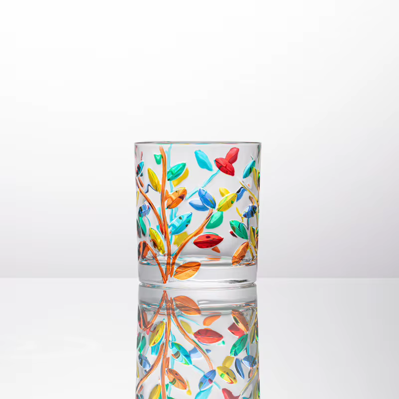 Verre à whisky en verre de Murano italien, Design coloré, feuilles de laurier, Essence nationale, ve