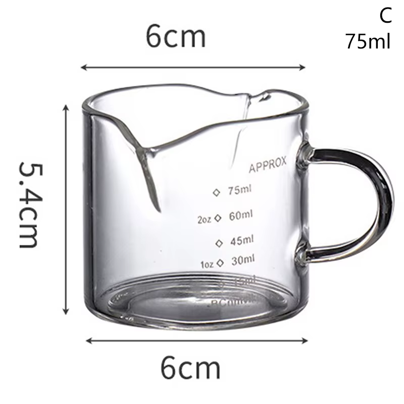 Verre doseur à expresso 70/75 ml avec double bec verseur, poignée résistante à la chaleur, échelle g