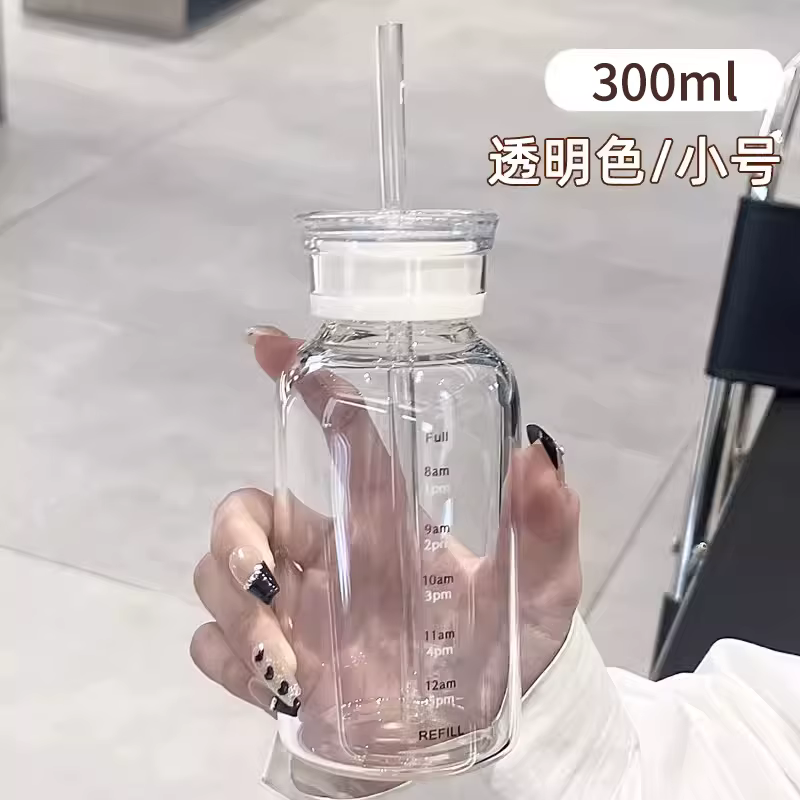 Grande bouteille d'eau en verre avec paille de 300/500/750ml, 2 couvercles, bouteille transparente K