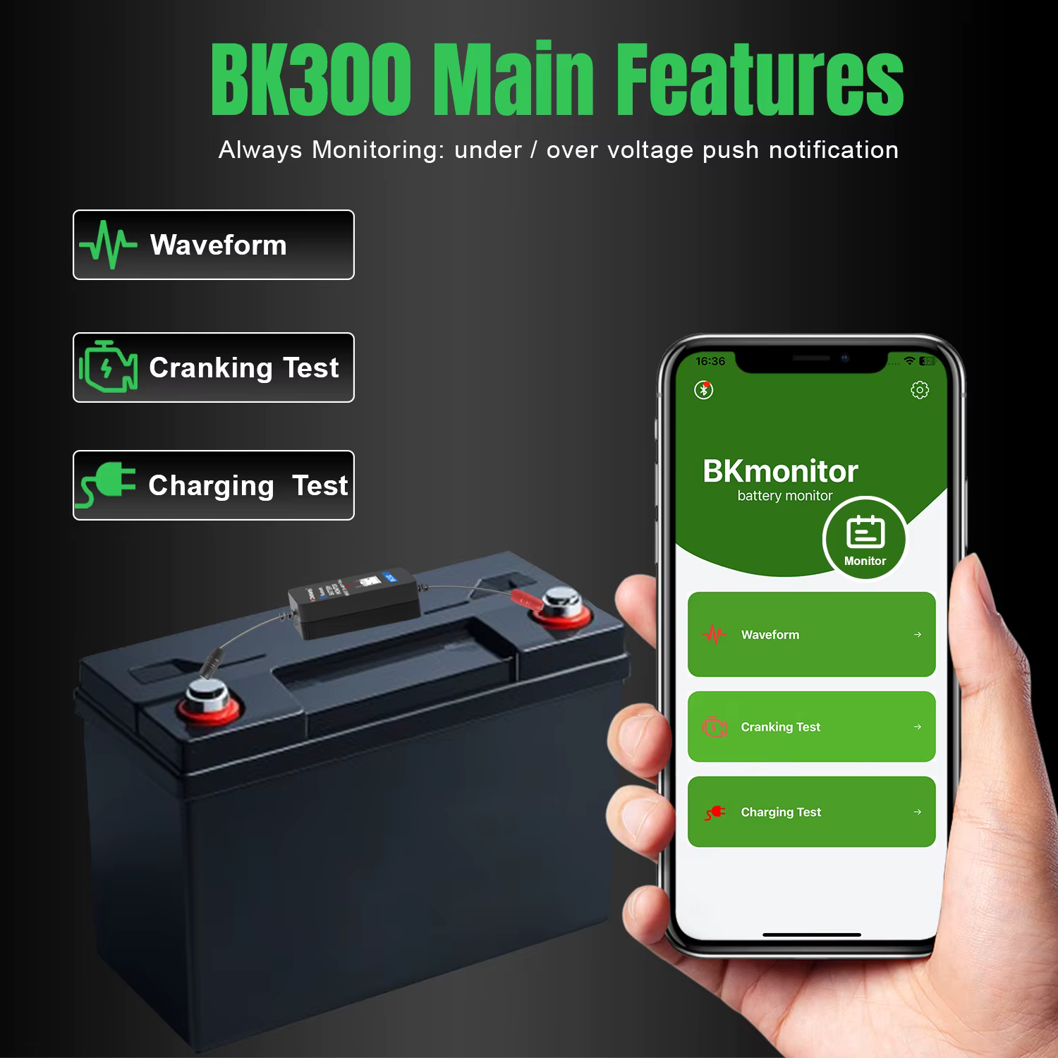 KONNWEI BK300 12V moniteur de batterie sans fil bluetooth5.0 batterie de voiture santé APP surveillance testeur de batterie outils pour Android IOS