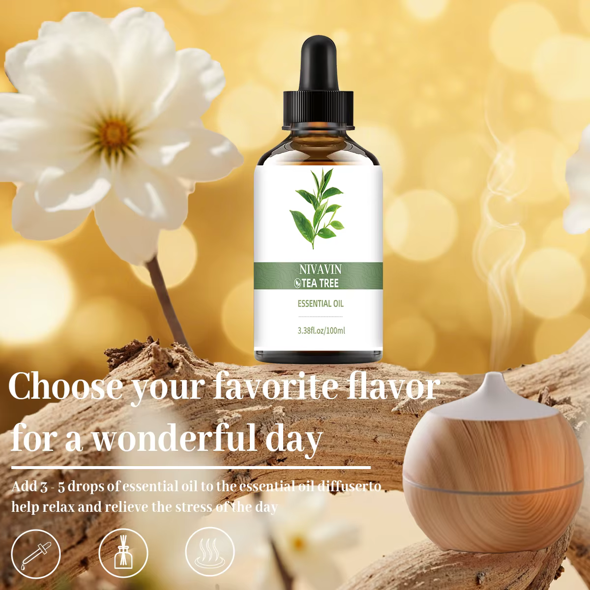 NIVAVIN Huile d'Arbre à Thé 30ml/60ml/100ml, extrait naturellement, parfum longue durée, rafraîchit l'air, adapté à un usage domestique.