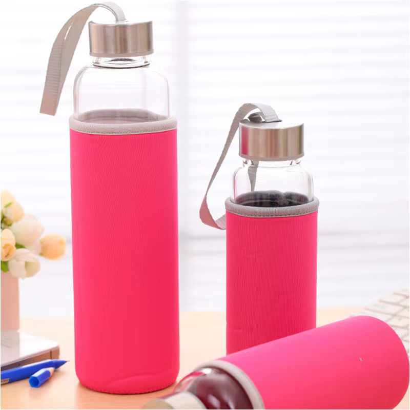 Bouteille d'eau en verre avec couvercle en acier inoxydable et sac de protection