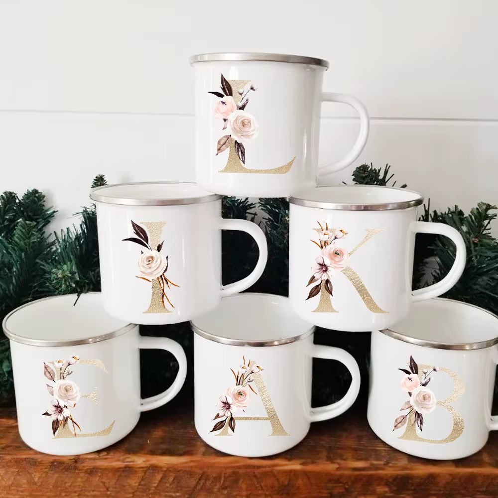 Tasses en émail vintage avec poignée, alphabet doré, fleurs, café à boire, bière, lait, thé, camping, randonnée, cadeaux, maison, bureau, standard