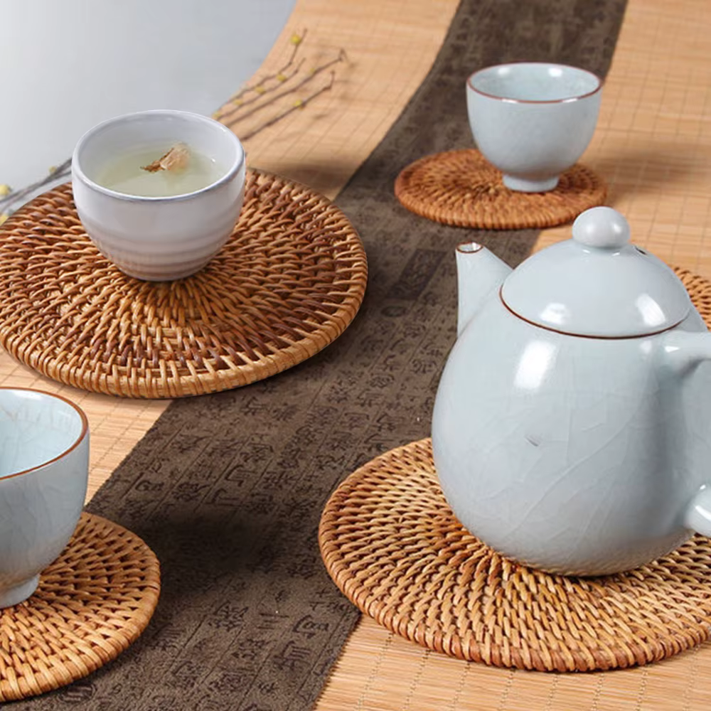 Set de Table Rond Rétro en Rotin Naturel Tissé