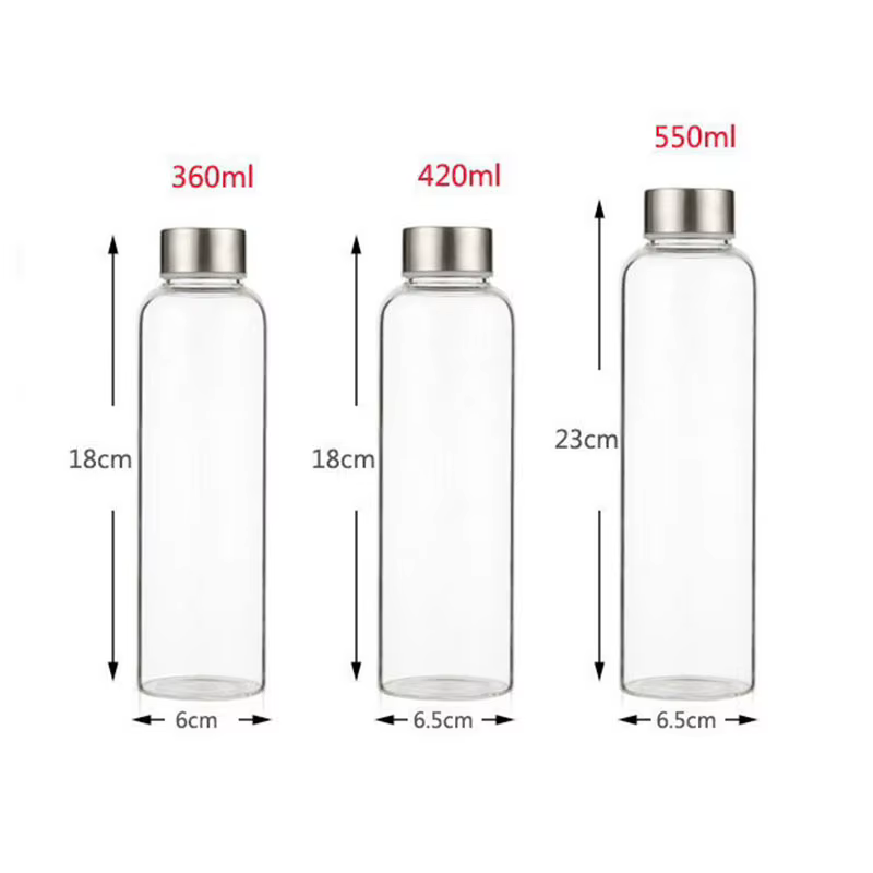 Bouteille d'eau en verre avec couvercle en acier inoxydable et sac de protection