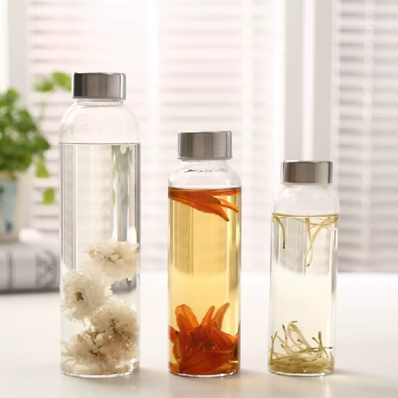 Bouteille d'eau en verre avec couvercle en acier inoxydable et sac de protection