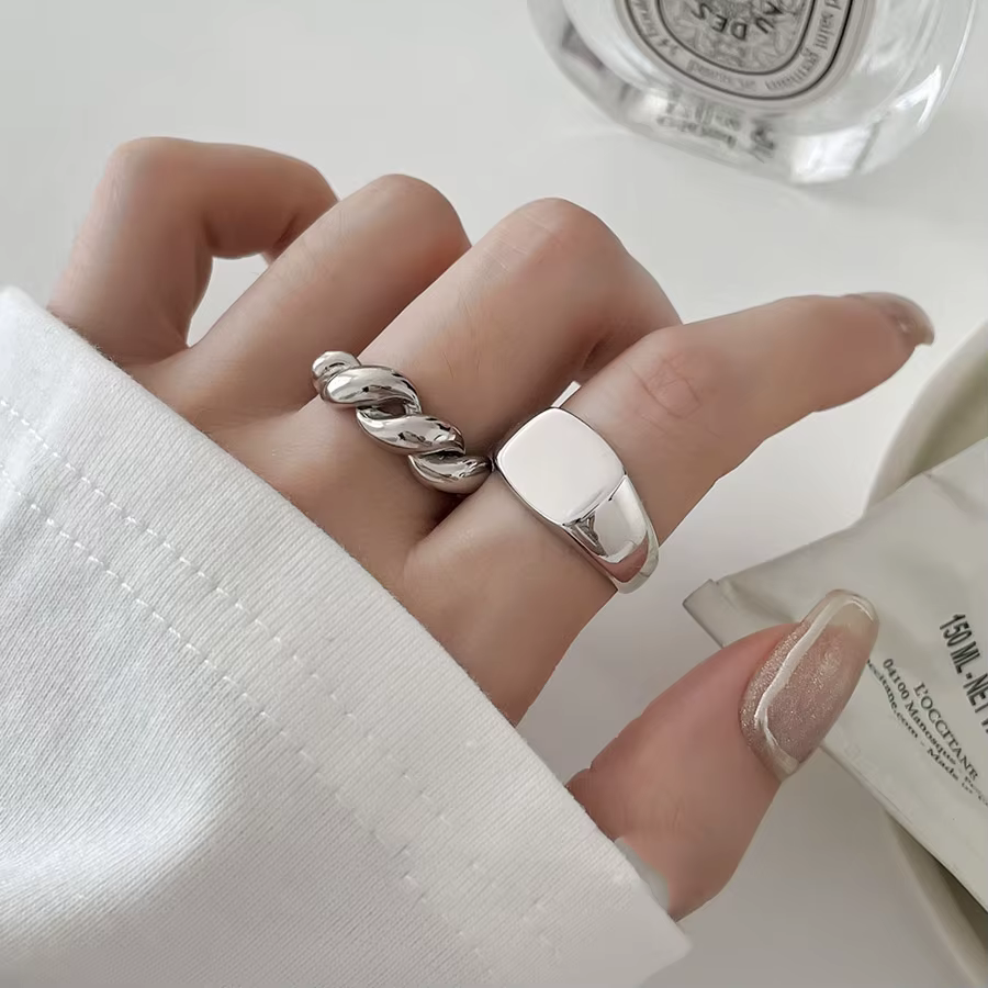 Bague géométrique ronde rétro couleur argent véritable pour femmes, courbe Vintage, bijoux fins, accessoires minimalistes, cadeau