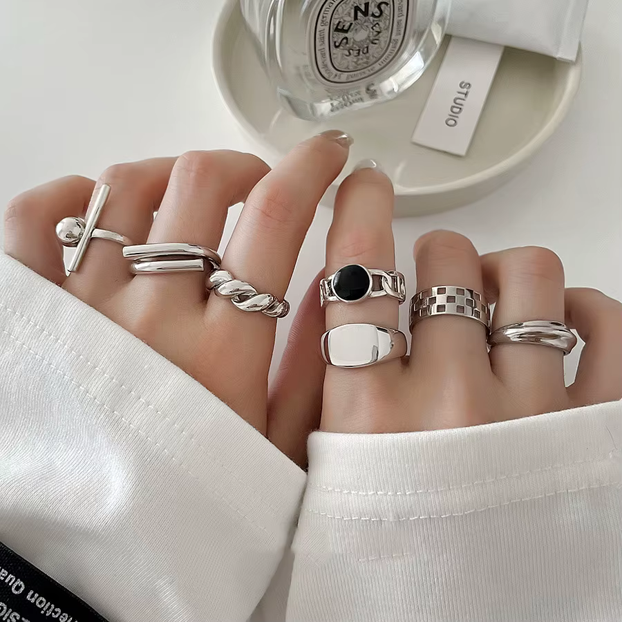 Bague géométrique ronde rétro couleur argent véritable pour femmes, courbe Vintage, bijoux fins, accessoires minimalistes, cadeau