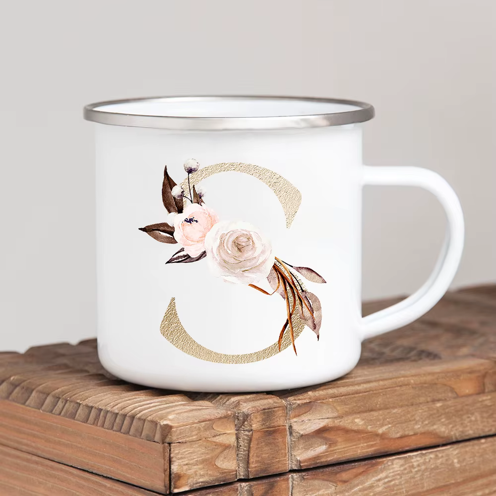 Tasses en émail vintage avec poignée, alphabet doré, fleurs, café à boire, bière, lait, thé, camping, randonnée, cadeaux, maison, bureau, standard