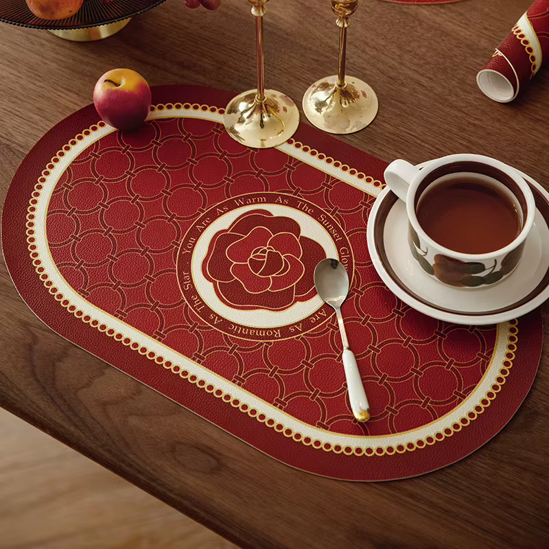 Napperons en PVC motif camélia rouge pour table à manger, isolation thermique, résistants aux taches, antidérapants, lavables, pour Noël, fête de mariage, 2 pièces
