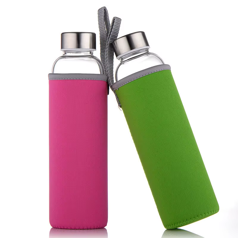 Bouteille d'eau en verre avec couvercle en acier inoxydable et sac de protection