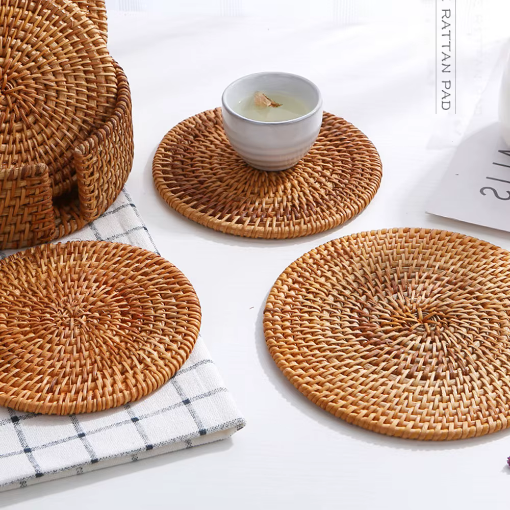Set de Table Rond Rétro en Rotin Naturel Tissé