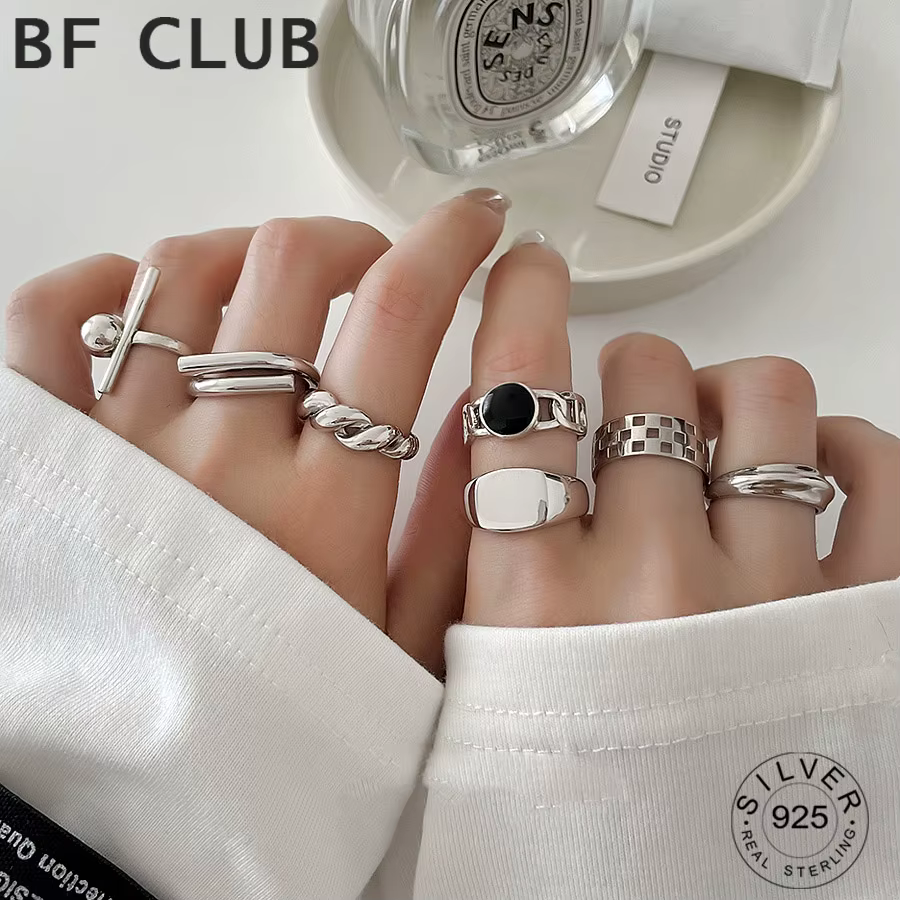 Bague géométrique ronde rétro couleur argent véritable pour femmes, courbe Vintage, bijoux fins, accessoires minimalistes, cadeau