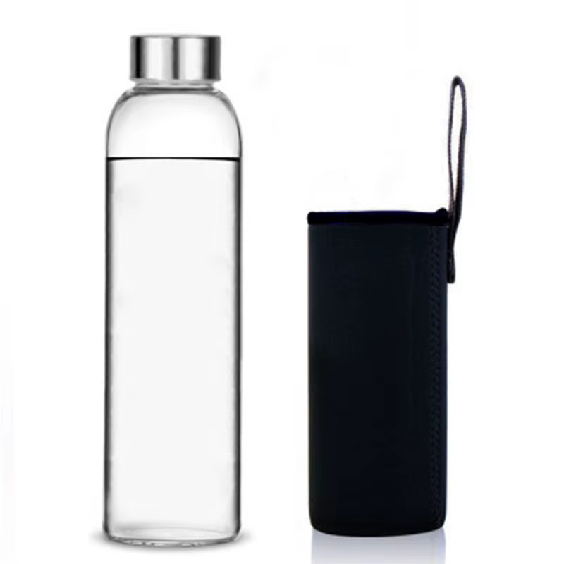 Bouteille d'eau en verre avec couvercle en acier inoxydable et sac de protection