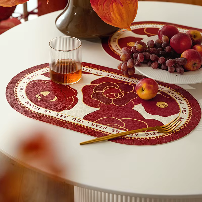 Napperons en PVC motif camélia rouge pour table à manger, isolation thermique, résistants aux taches, antidérapants, lavables, pour Noël, fête de mariage, 2 pièces