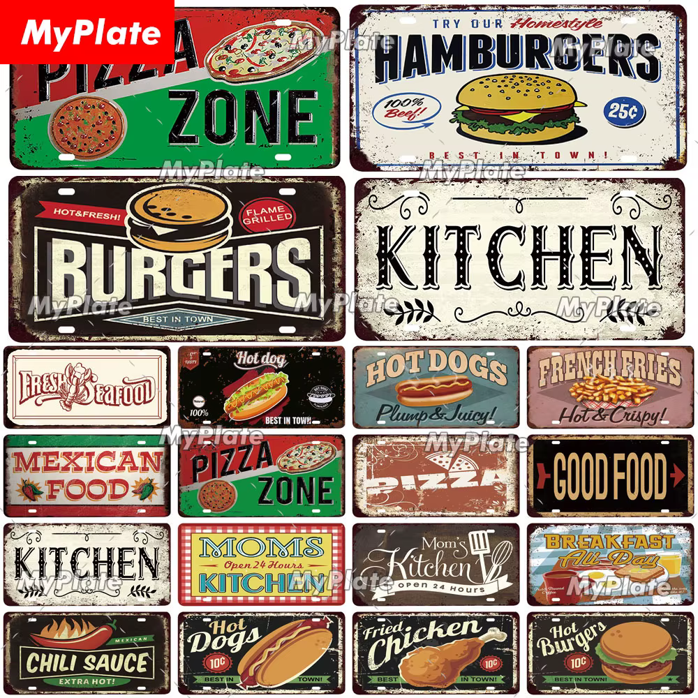 MyPlate-Plaque d'immatriculation vintage en métal Hamburger, décor de cuisine, plaque de bar, décoration murale de la maison, pizza, affiche cadeau, 18