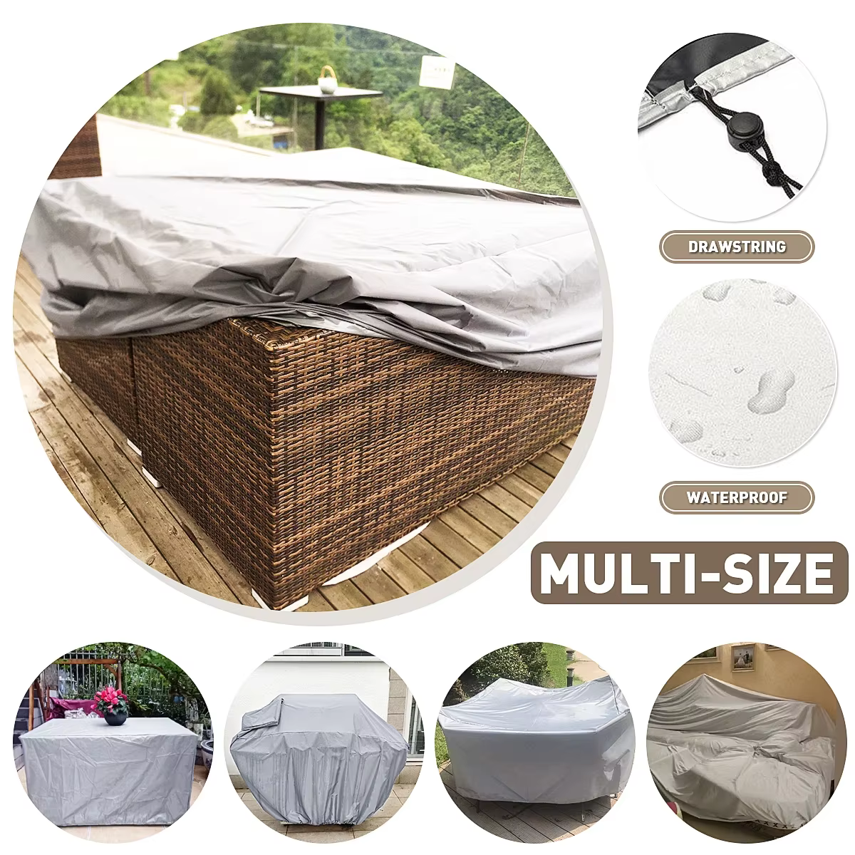 Housse de protection pour meubles de jardin en tissu Oxford, taille 68, argentée, anti-poussière, pour table et chaises en rotin, canapé, imperméable, protection contre la pluie