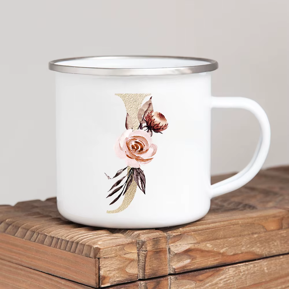 Tasses en émail vintage avec poignée, alphabet doré, fleurs, café à boire, bière, lait, thé, camping, randonnée, cadeaux, maison, bureau, standard