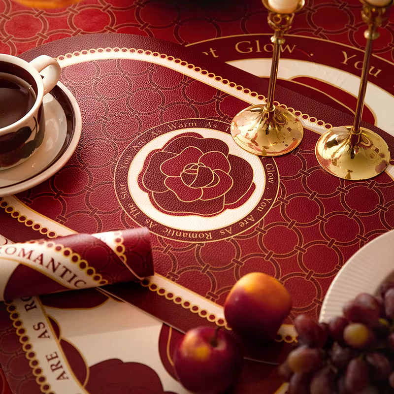 Napperons en PVC motif camélia rouge pour table à manger, isolation thermique, résistants aux taches, antidérapants, lavables, pour Noël, fête de mariage, 2 pièces