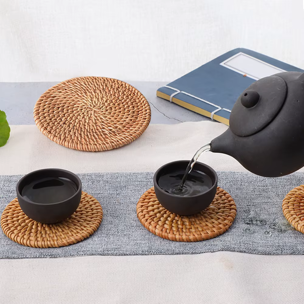 Set de Table Rond Rétro en Rotin Naturel Tissé