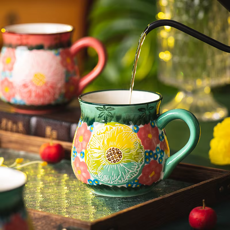 Tasse en céramique à fleurs Vintage faite à la main