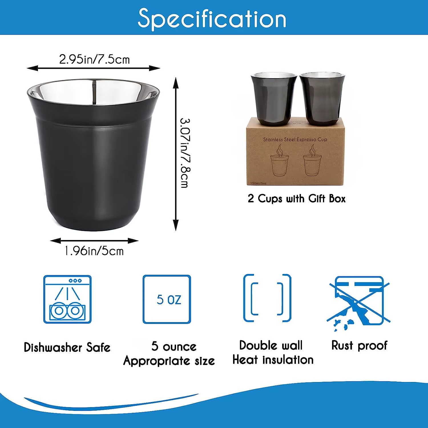 Easyworkz – ensemble de 2 tasses à expresso en acier inoxydable