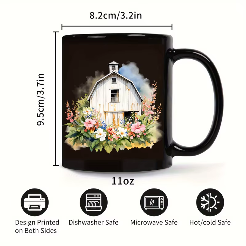Tasse à café en céramique avec grange de ferme noire avec motifs floraux et légumes pour la maison