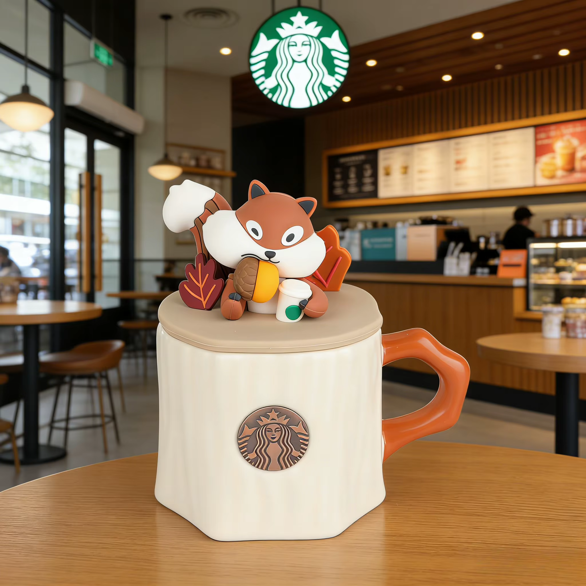 Tasse à café Starbucks en céramique en forme d'écureuil d'automne avec couvercle anti-poussière en bois pour bureau