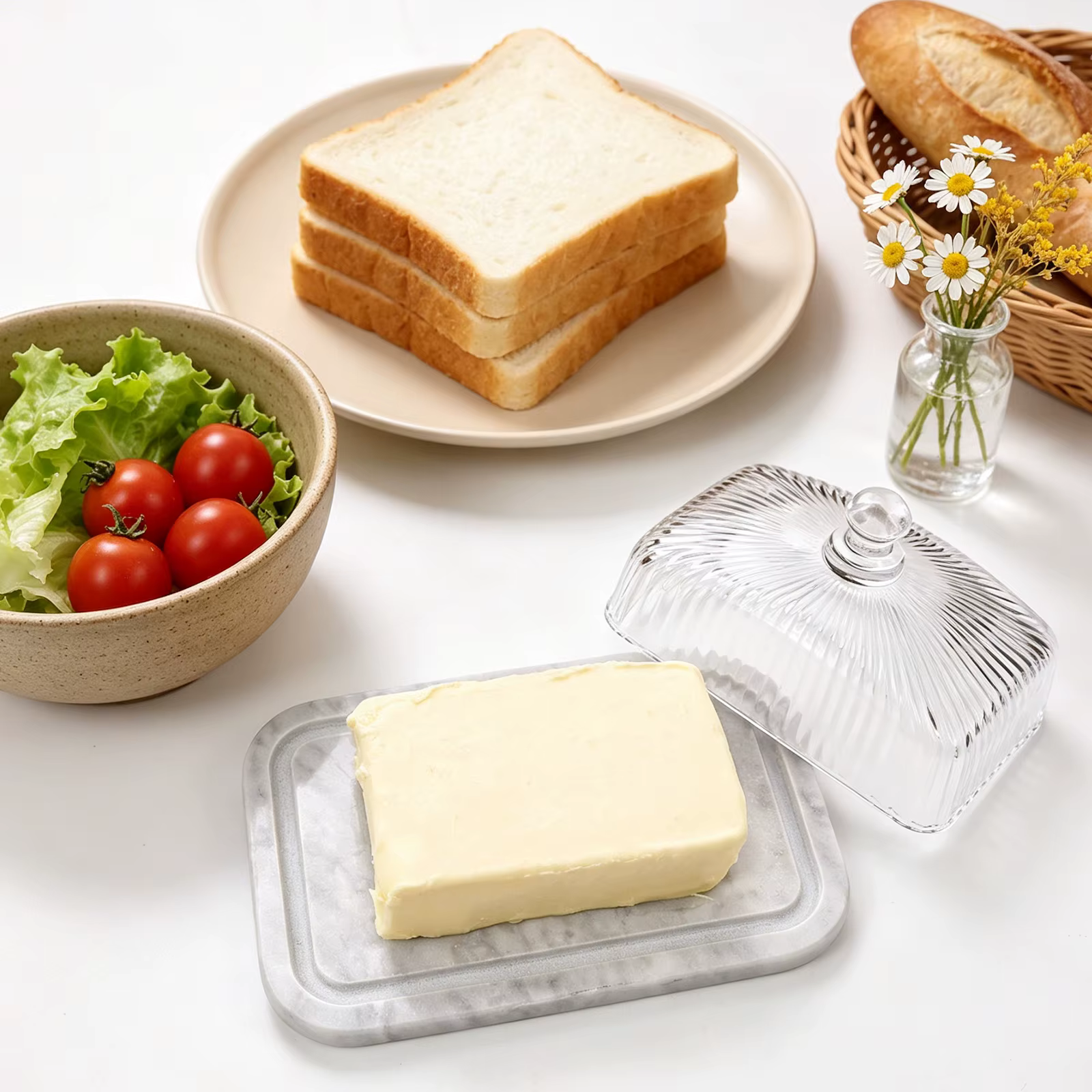 Plateau de service en verre avec base en marbre et couvercle