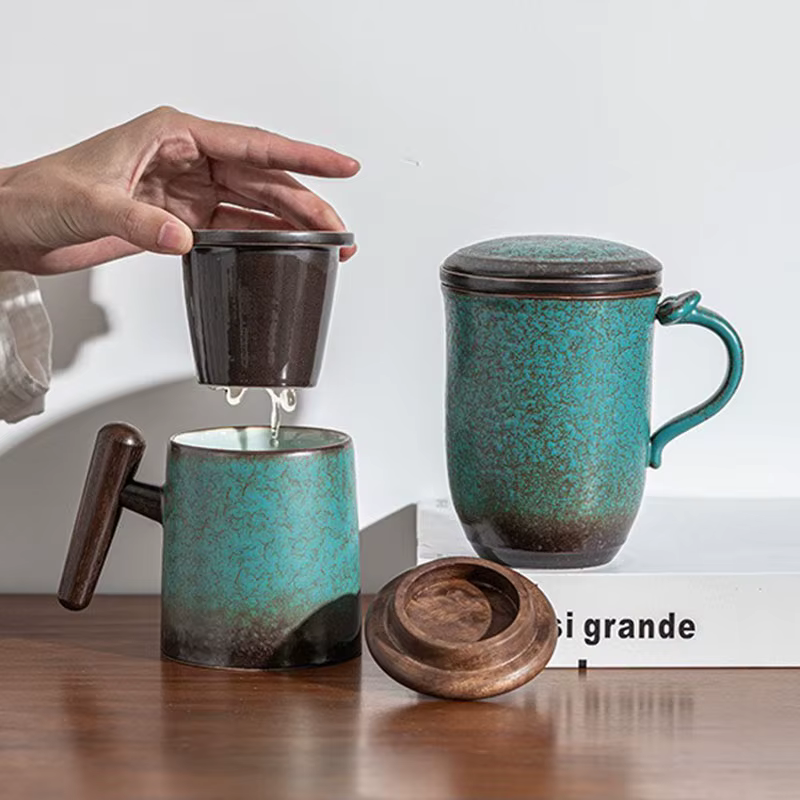Grande tasse à thé en céramique rétro avec filtre