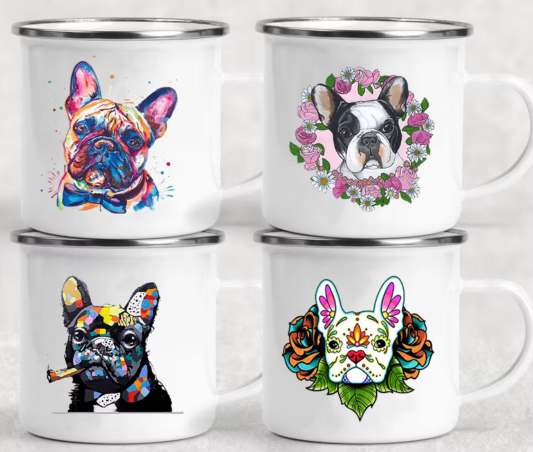 Tasse en verre émaillé imprimé bouledogue français