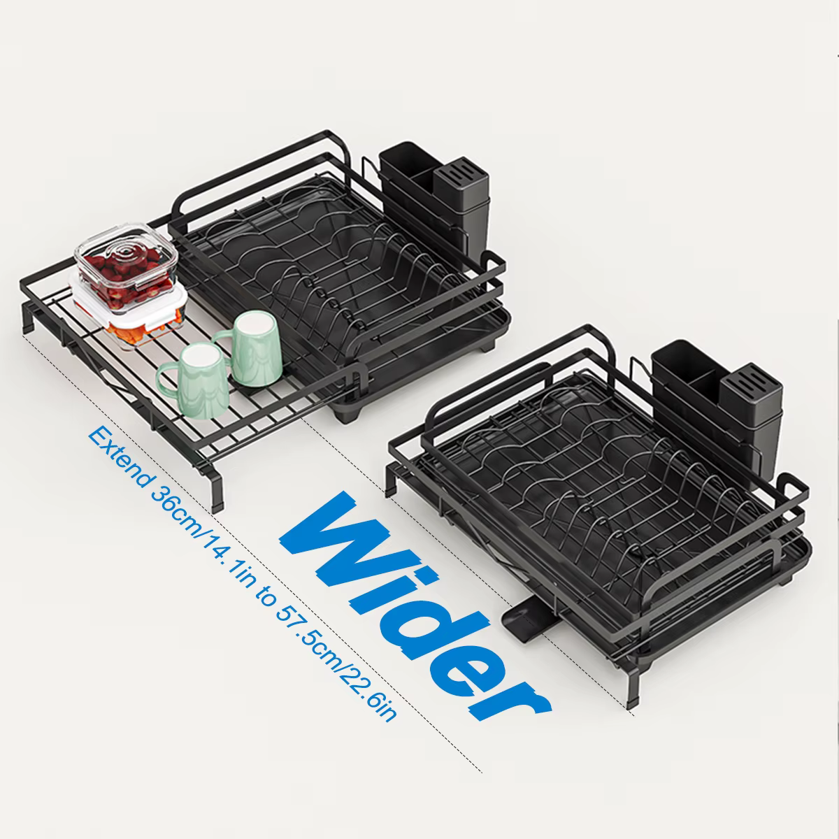 Égouttoir à vaisselle extensible avec porte-couverts et bec de drainage pivotant