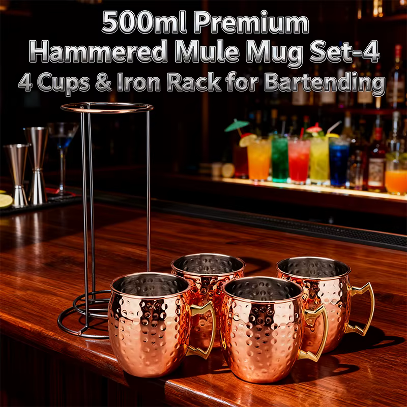 Ensemble de 4 tasses Moscow Mule de 500 ml avec support en fer