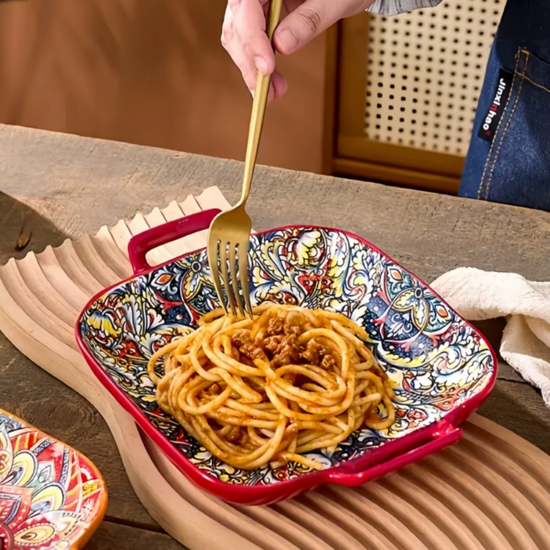Assiette carrée bohème en céramique à double oreille