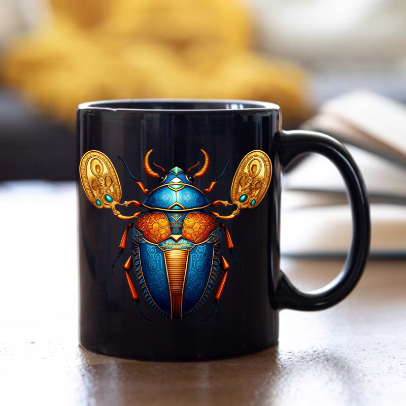 Tasse en céramique, design scarabée égyptien noir