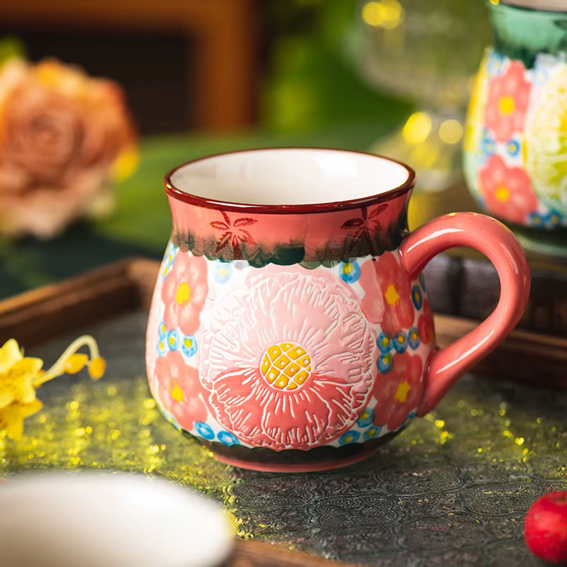 Tasse en céramique à fleurs Vintage faite à la main