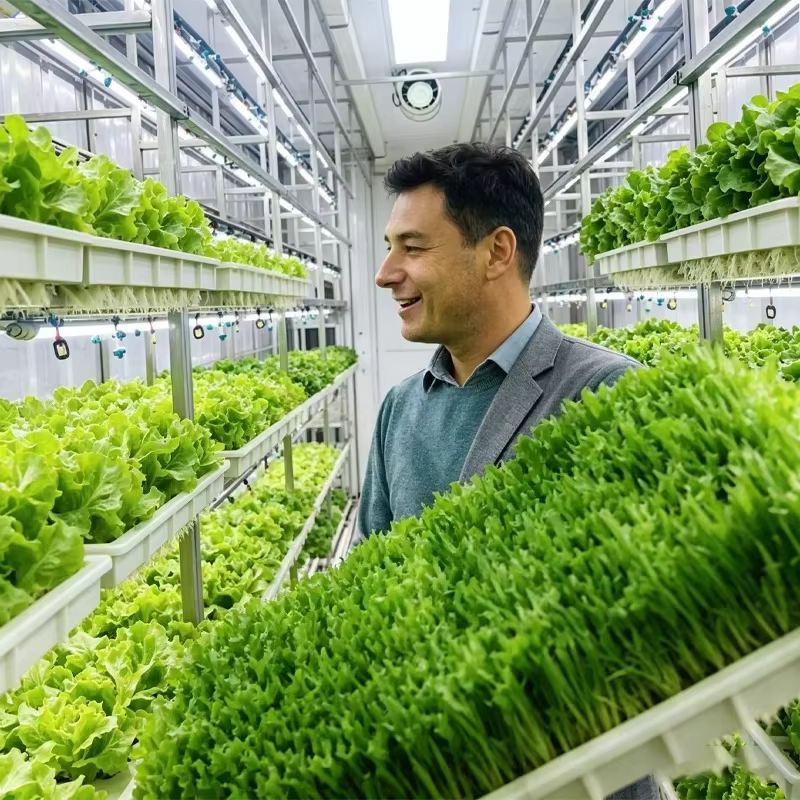 Système de culture hydroponique en conteneur commercial pour laitues, légumes-feuilles et légumes verts – Personnalisable