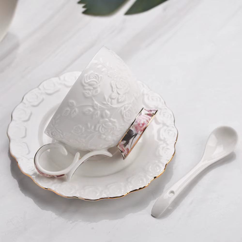 Vintage en céramique tasse à café cuillère assiette ensemble de luxe exquis Latte fleur thé eau