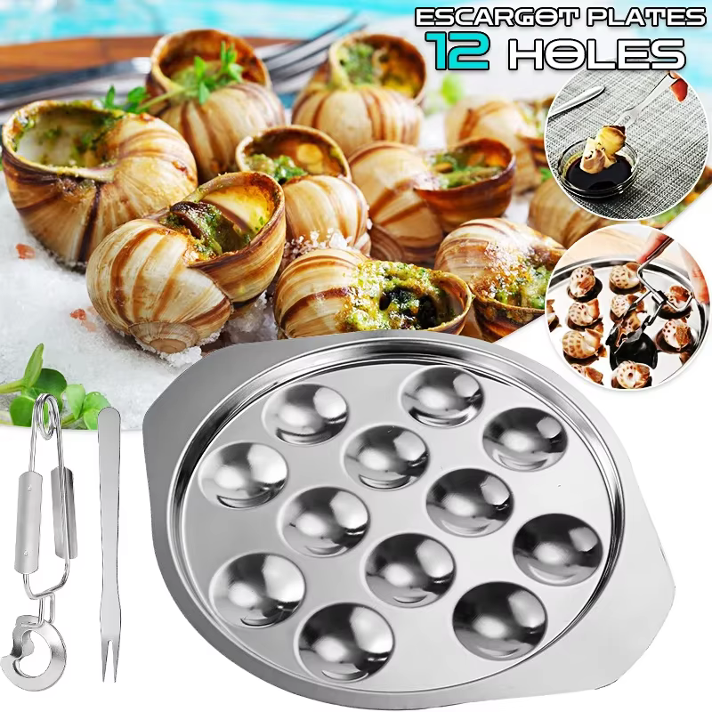 Assiettes à escargots en acier inoxydable avec 12 trous de compartiment, plat d'escargot de fruits de mer de 7.2 pouces, assiette ronde à huîtres, plateau de service d'escargot