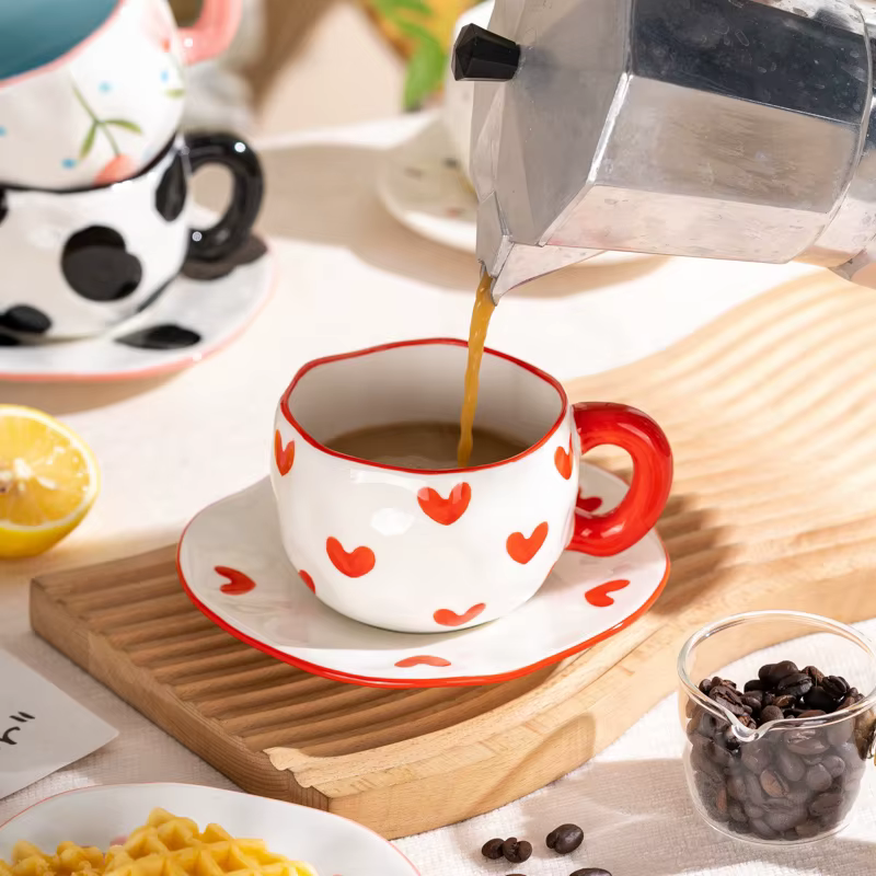 Tasse à café en céramique peinte à la main avec nuages de fleurs
