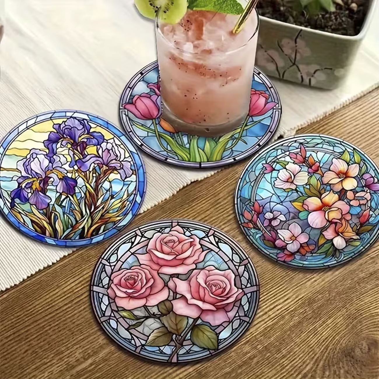 Ensemble de 8 dessous-de-verre en bois à thème floral