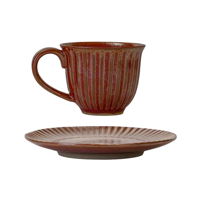 Un ensemble de tasses et assiettes tasse à café Style rétro en céramique rayé bureau thé de l'après-midi poterie