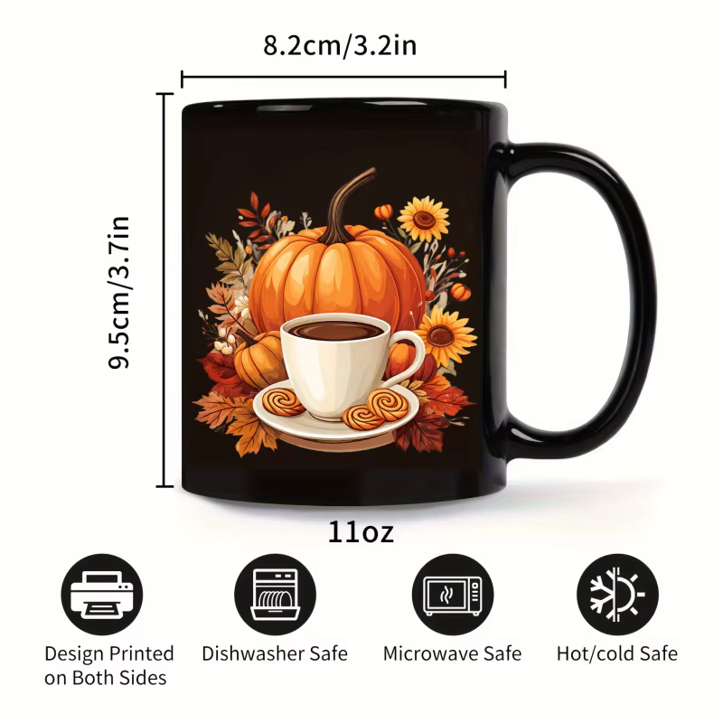 Tasse à café en céramique avec motif de citrouille noire et de fleurs d'automne