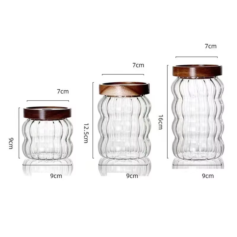 Bouteilles de stockage en verre rayé avec couvercle en bois